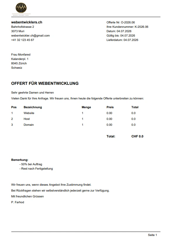Webentwicklers Offerte